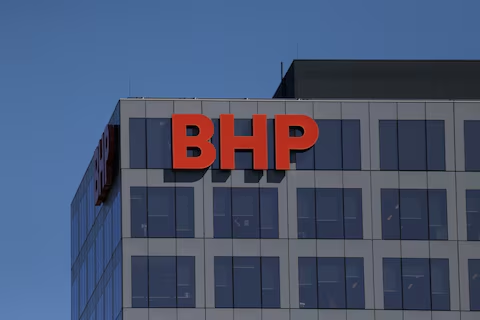 A BHP Group logo is displayed on their building in Adelaide